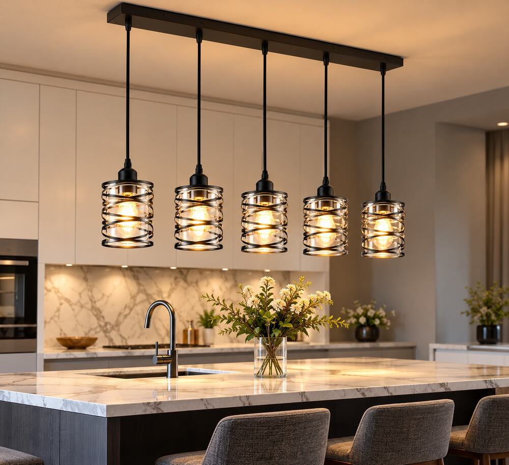 5-Light Black Kitchen Island Pendant – Spiral Glass Shades, Adjustable